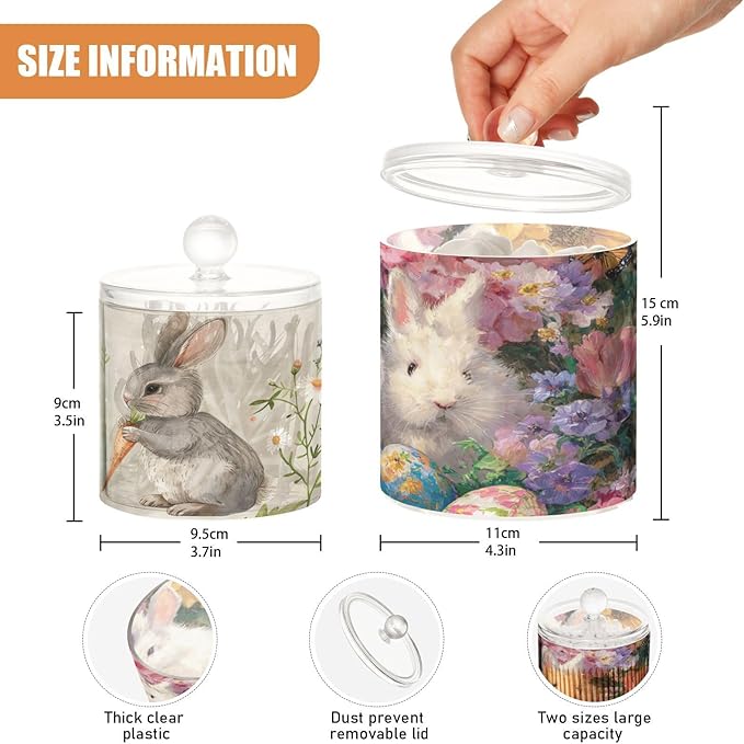 2 Pack Qtip Dispenser Apothecary Jars with Lids Cotton Round Holder Bathroom Canisters for Cotton Swab Floss Ball Pads Clear Plastic Decorative Easter Bunny Eggs Flowers Carrot