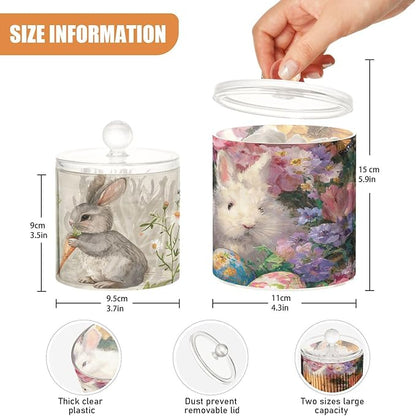 2 Pack Qtip Dispenser Apothecary Jars with Lids Cotton Round Holder Bathroom Canisters for Cotton Swab Floss Ball Pads Clear Plastic Decorative Easter Bunny Eggs Flowers Carrot
