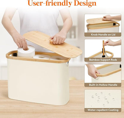 Lifewit Toilet Paper Storage Holder for 9 to 12 Rolls, Free Standing Toilet Paper Basket Stand with Bamboo Lid, Collapsible Fabric Bathroom Organizer Box for Mega Rolls, 23L, Large, White