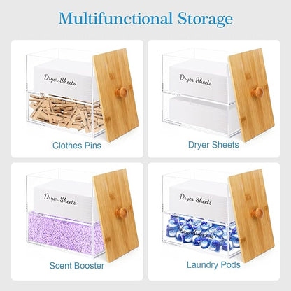 JYPS 1+1 Acrylic Dryer Sheet Holder with Drawer and Bamboo Lid, Clear Acrylic Large-Capacity Laundry Pods Container, Scent Boosters & Powder, Laundry Room Organization decor, Storage Jars Set
