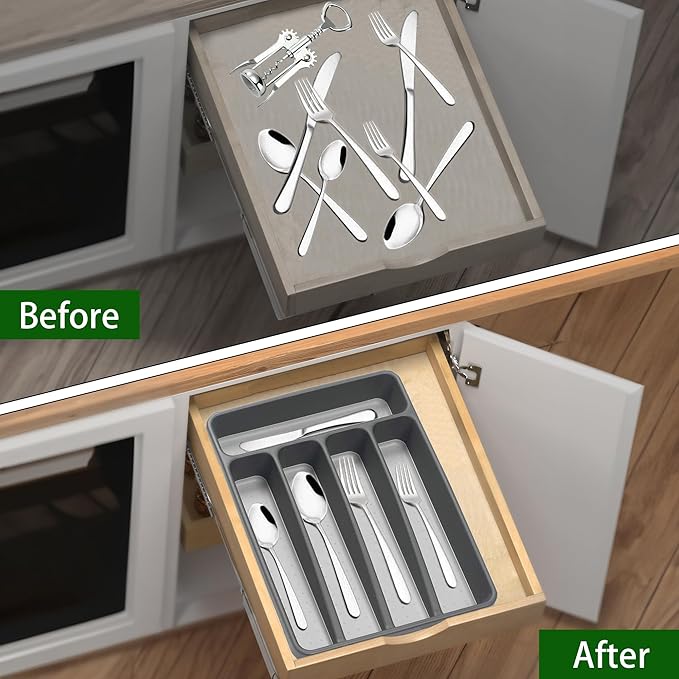 Loyareal Silverware Organizer 2 Pieces Utenisl Organizer Holder Kitchen Drawer Organizer Plastic Silverware Tray for Drawer Flatware Organizer 5 Compartment Black
