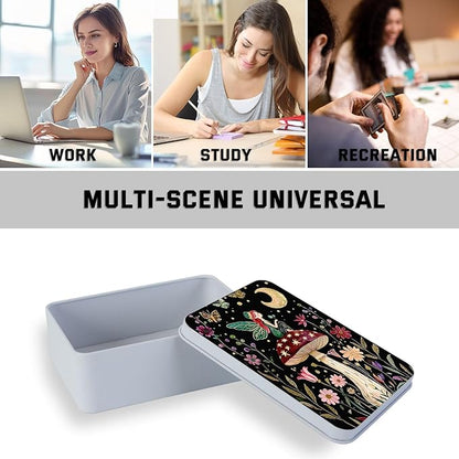 Metal Tin Box with Lid for Game Cards Home Organizer Candles Keys Crafts Storage - Equipped with 4 Magnetic Cord Clips，Mushroom Fairy and Moon