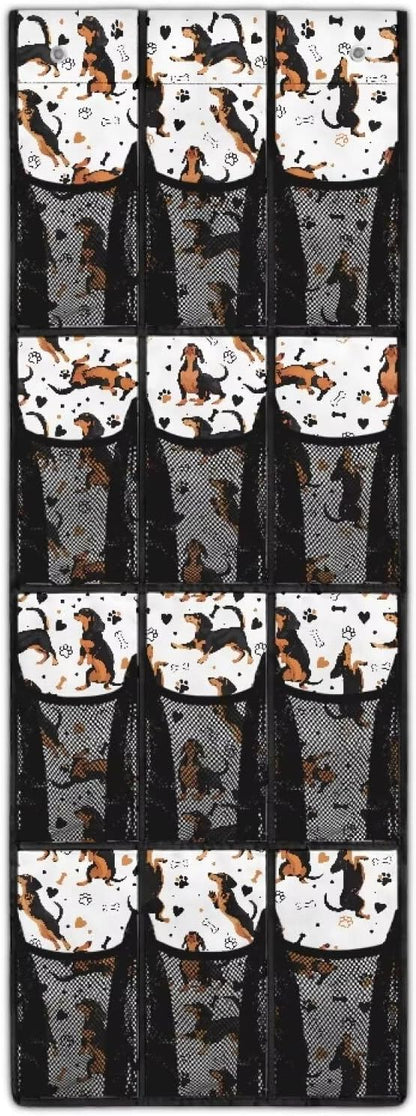 Space-Saving 12-Pocket Behind The Door Organizer, Waterproof Oxford Cloth Lightweight and Perfect for Bathroom Closet or Bedroom Use, Dachshund
