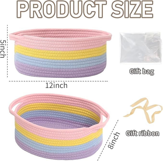JMvicyroam Woven Basket,Small Rope Storage Bin with Handles & Ribbon Bag, Organizer for Shelves Closets,Gift Basket Empty for Birthday,Books,Dog Toys, Rainbow/2 Pack