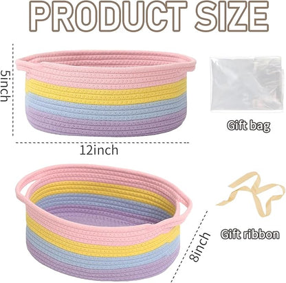 JMvicyroam Woven Basket,Small Rope Storage Bin with Handles & Ribbon Bag, Organizer for Shelves Closets,Gift Basket Empty for Birthday,Books,Dog Toys, Rainbow/2 Pack