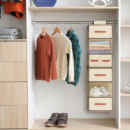 Hanging Closet Organizer 6-Shelf, Upgrade Closet Organizers and Storage with 5 Removable Drawers & 4 Side Pockets, Hanging Shelf Organizer for Bedroom or Garment Rack, 12.6'' x 12.6'' x 44.1'', Beige