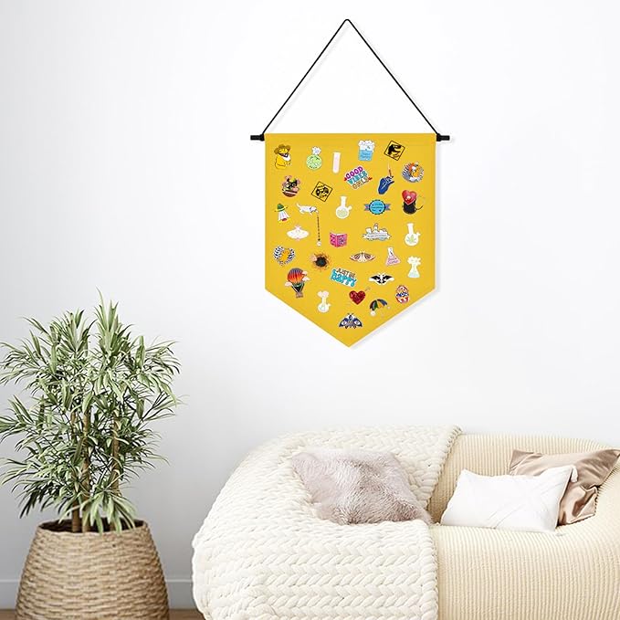 Wall Hanging Brooch Organizer Storage Board Colorful Enamel Pin Badge Canvas Display Banner Earrings Case Collection Holder 12.6x10in(Not Include Any Accessories) (Yellow)
