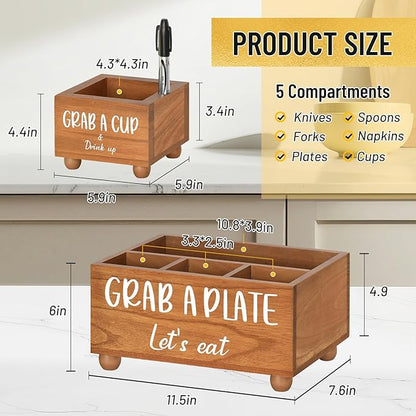 Paper Plate Dispenser and Holder for Kitchen Counter,Multi Utensil Caddy with Large Cup Holder,Paper Plate Organizer for Countertop,Cutlery Flatware Napkin Silverware Holder for Party,Kitchen