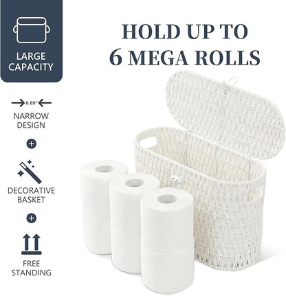 Coeusy Toilet Paper Storage Basket with Lid, Paper Rope Toilet Paper Holder for Up to 6 Mega Rolls, Wicker Basket for Bathroom Accessories Organizer, Boho Hand Woven Rattan Decorative Decor, White