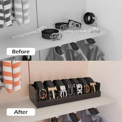 Belt Organizer for Drawer - Bamboo Belt Storage Organizer | Belt Rack for Closet Wall Mount Men Women Tie Sock Bra Scarf Ribbon (Black, 7 Grids)