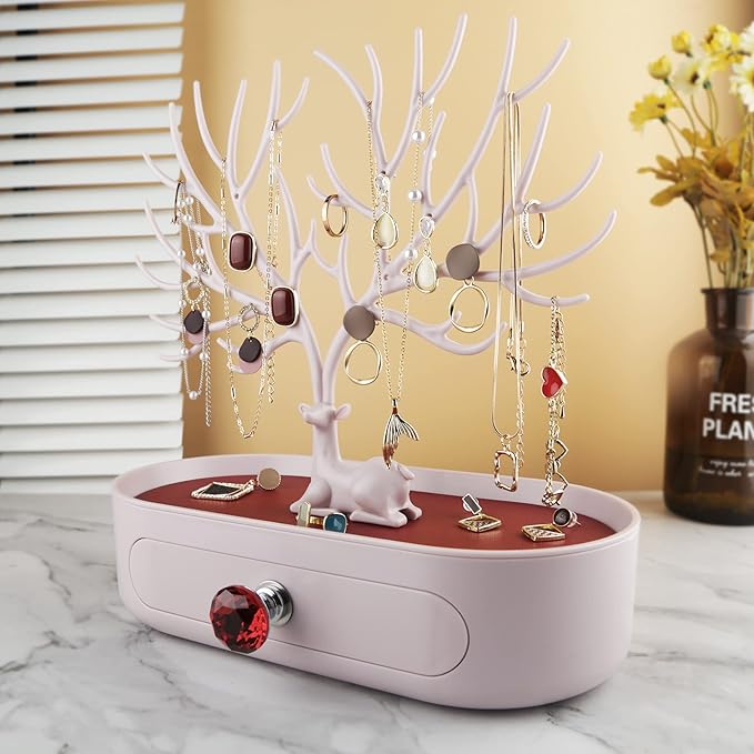 MORE&LESS Red Artificial Leather and Red Crystal Handle Deer Jewelry Display Rack for Ring Earrings Necklace Bracelet