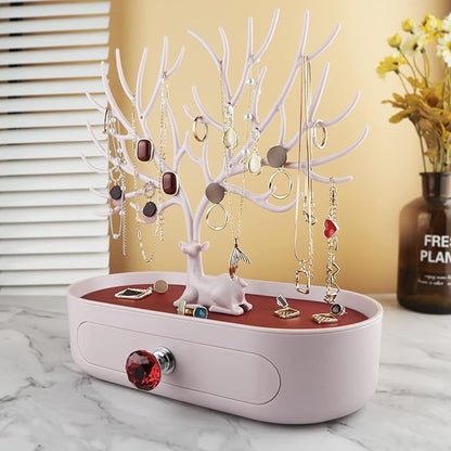 MORE&LESS Red Artificial Leather and Red Crystal Handle Deer Jewelry Display Rack for Ring Earrings Necklace Bracelet