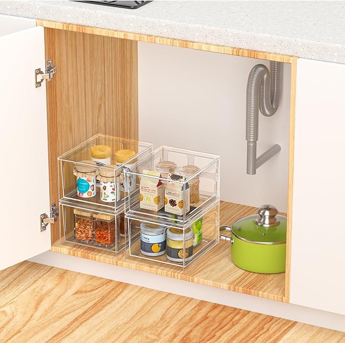 SpaceHacks 2 Pack Stackable Plastic Makeup Organizer Drawers, Acrylic Organizers, Clear Storage Bins with Pull-Out Handles for Vanity, Kitchen Cabinets, Pantry
