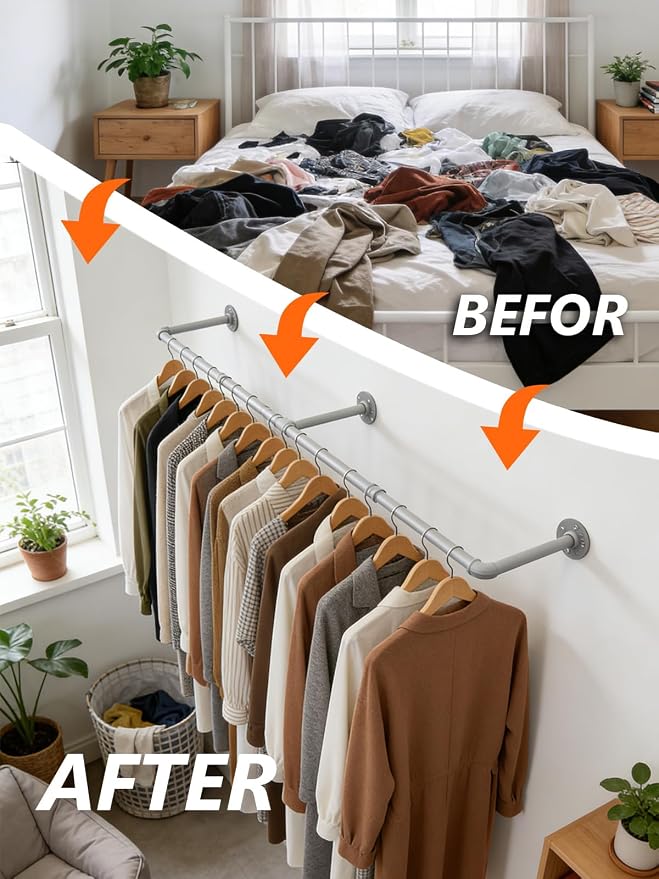 Aduanbang 65.7in Industrial Pipe Wall Mounted Clothes Rack, Heavy Duty Detachable Iron Garment Bar, Rustic Space-Saving Hanging Rod for Bedroom, Closet – Silver Gray,4 hooks