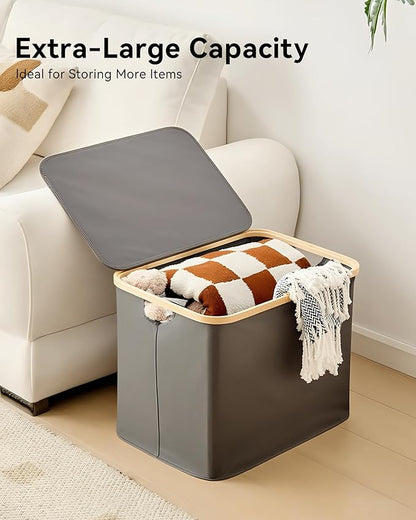 Storage Basket with Lid and Handles, 80L Fabric Bin for Shelf, Closet, Toy Organization, Collapsible Storage Organizer for Home, Grey