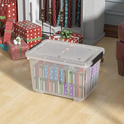 30 Quart Clear Plastic Storage Containers Bins with Wheels, Stackable Plastic Latching Totes with Lids, 4 Packs
