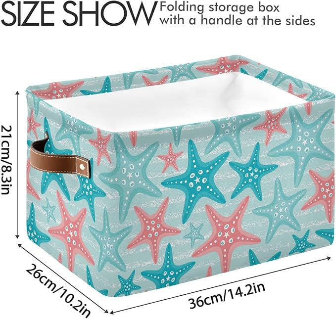 Bolaz Large Storage Basket Nautical Ocean Starfish Foldable Storage Box Organizer Bins with Handles for Bedroom Home Office