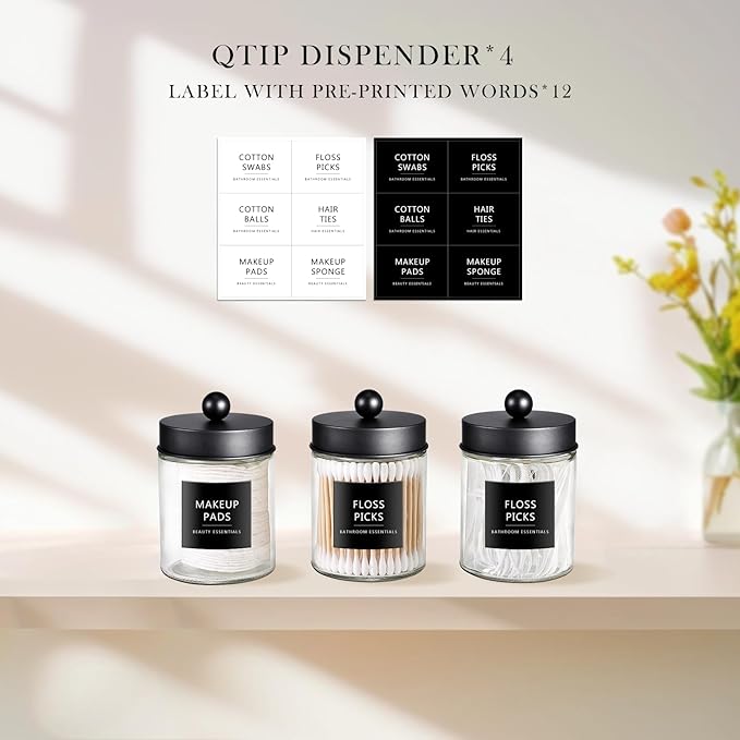 SheeChung 4-Pack Glass Qtip Holder Dispenser - Rust-Proof Stainless Steel Apothecary Jars with Labels - Modern Farmhouse Bathroom Organizer for Cotton Swabs, Balls, Pads(Matte Black)