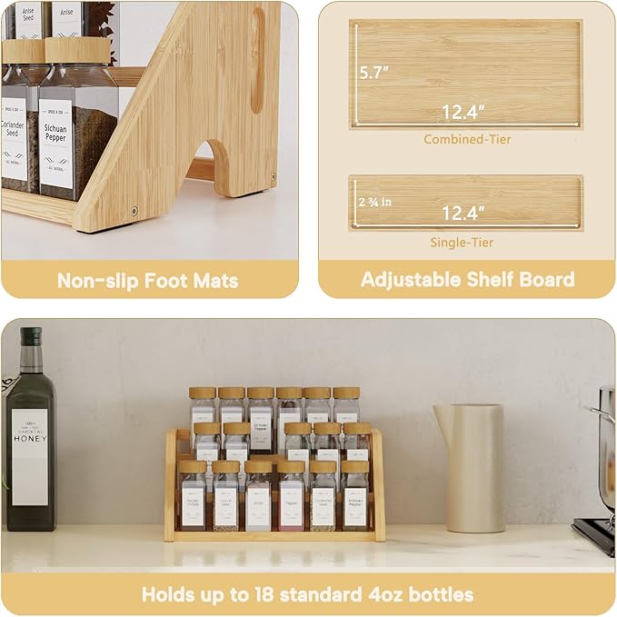 Bamboo Spice Rack Organizer -3-Tier Spice Rack for Countertop,Cabinet Spice Rack Organizer for 18 Spice Jars(4oz)，Step Shelf(Yellow)