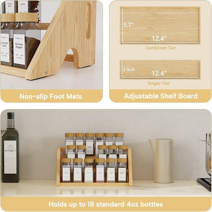 Bamboo Spice Rack Organizer -3-Tier Spice Rack for Countertop,Cabinet Spice Rack Organizer for 18 Spice Jars(4oz)，Step Shelf(Yellow)