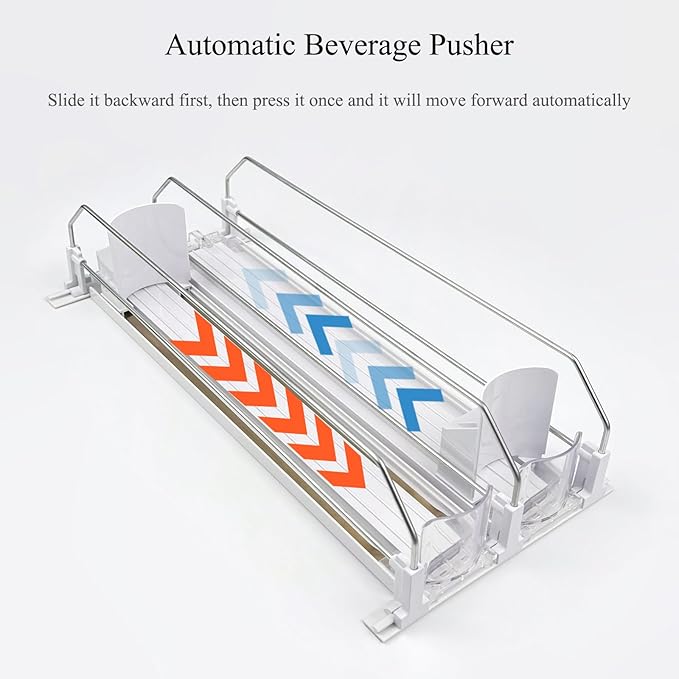Drink Organizer for Fridge, Self Pushing Soda Can Dispenser for Refrigerator, Automatic Beverage Pusher Glide Beer Water Bottle Holder -2 Rows, White
