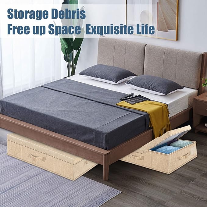 Supowin Underbed Storage Containers Bin with Lids (Set of 2) Large Under Bed Storage Organizer Box with Handle, Foldable Under the Storage Bags for Organizing Clothes, Shoes, Blankets, Pillows-Khaki