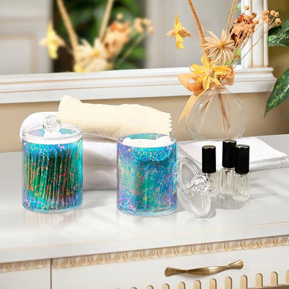 4 Pack Qtip Holder Dispenser Rainbow Grid Marble Cotton Ball Cotton Swab Round Pads Floss Clear Bathroom Storage Containers Plastic Apothecary Jars with Lids