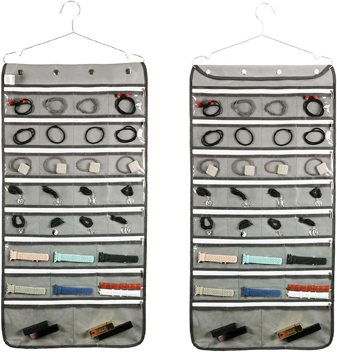 Dual Sided Hanging Jewelry Organizer with Hanger for Closet Necklace Earrings Bracelet Ring Travel Holder (56 Zippered Clear Pockets Grey)