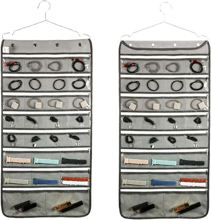 Dual Sided Hanging Jewelry Organizer with Hanger for Closet Necklace Earrings Bracelet Ring Travel Holder (56 Zippered Clear Pockets Grey)