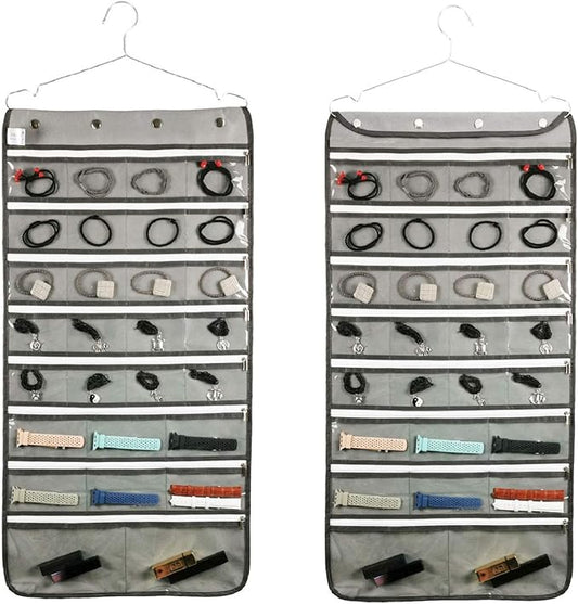 Dual Sided Hanging Jewelry Organizer with Hanger for Closet Necklace Earrings Bracelet Ring Travel Holder (56 Zippered Clear Pockets Grey)