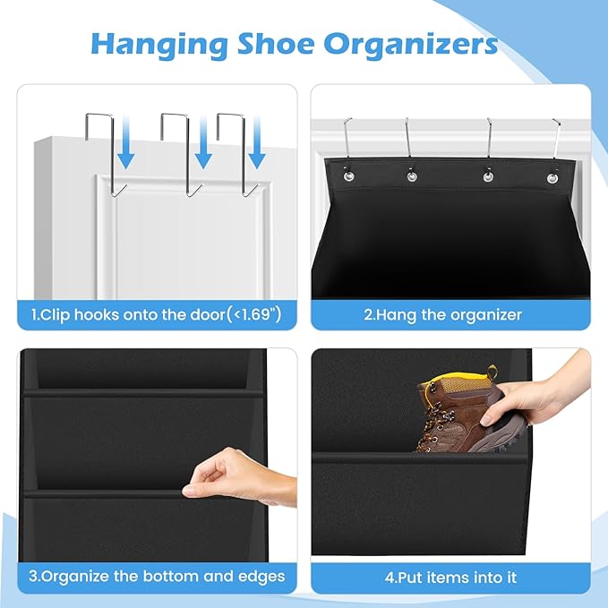 Over The Door Shoe Organizer Storage -8-Tier Shoe Rack for Boots/Sneakers/Closet, Heavy Duty Anti-Slip Hooks & Large Deep Pockets,Space Saving Hanging Shoe Organizers (Black)