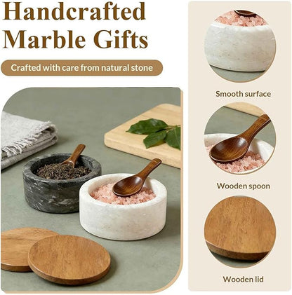 White Marble Salt cellar. Spice jars with Acacia Wood Lid and Spoon, Elegant Modern Handcrafted Container for Countertop
