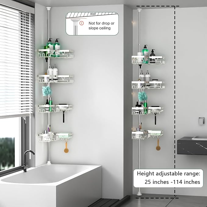 DAOYA Corner Shower Caddy Tension Pole - Chrome Tension Rod Shower Caddy Adjustable Shampoo Holder for Bathroom/Bathtub/RV, Stainless Steel, Floor to Ceiling 25-114.2 inch