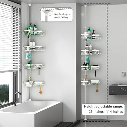 DAOYA Corner Shower Caddy Tension Pole - Chrome Tension Rod Shower Caddy Adjustable Shampoo Holder for Bathroom/Bathtub/RV, Stainless Steel, Floor to Ceiling 25-114.2 inch