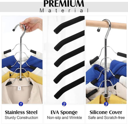 Ripeng Space Saving Clothes Hanger 8 Packs 5 in 1 Multi Layer Anti Slip Metal Heavy Duty Stainless Steel Sweater Shirt Clothes Hangers Closet Storage Organizer (Black, Style 1)
