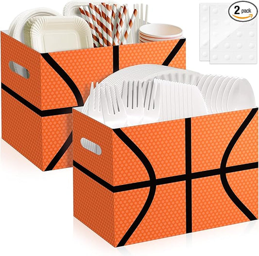 2PCS Basketball Utensil Holder Paper Utensil Caddy for Basketball Party Decorations Disposable Cutlery Holder with Handles for Sports Birthday Party Supplies Boys Party Favors Cutlery Caddy