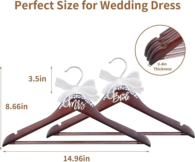 Bride Hanger for Wedding Dress Wooden Pearl Hangers with Pearl Ribbon Bow Elegant Bridal Mrs Wedding Dress Hanger, 2PCS Personalized Wedding Hangers (Walnut)