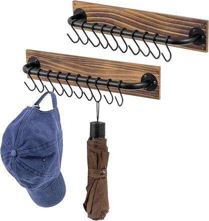 MyGift 2 Pcs Hat Rack for Baseball Cap with 10 Hooks, Floating Shelves Wall Mount with Key Holder Hooks, Cap Organizer Display, Urban Industrial Burnt Solid Wood, Matte Black Metal Pipe