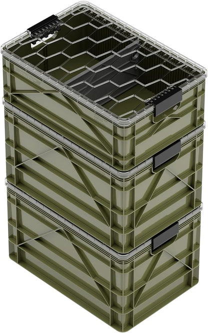 SIDIO CRATE Starter Pack - Two Full Size and One Half Size SidioCrate, Stackable Outdoor Organizer Storage Bins with Clear Lid and Dividers - Green