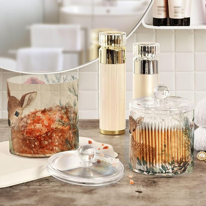 2 Pack Qtip Dispenser Apothecary Jars with Lids Cotton Round Holder Bathroom Canisters for Cotton Swab Floss Ball Pads Clear Plastic Decorative Beige Christmas Owl Deer Pinecorns