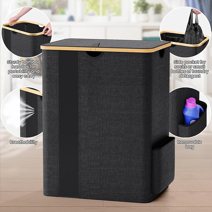 BlissTotes Laundry Basket with Lid, 150L Clothes Laundry Hamper with Handles and 2 Removable Laundry Bag, Breathable Design Hamper with Lid for Bedroom, Bathroom, Dorm, Laundry Room - Dark Grey