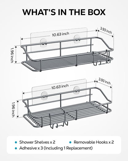 Nieifi Shower Caddy Shelf with Hooks Storage Rack Organizer Adhesive Stainless Steel Without Drilling for Bathroom, Lavatory, Washroom, Restroom, Shower, Toilet, Kitchen - 2 Pack (Gray)