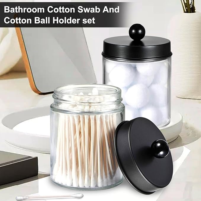 4 Pack Qtip Holder, Canister Apothecary Jar Set, Clear Plastic Apothecary Jar Containers, Bathroom Jars with Lids Set for Cotton Swabs, Balls, Pads, Floss Picks (Black)