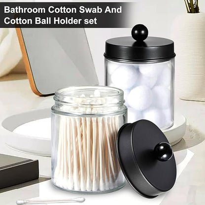 4 Pack Qtip Holder, Canister Apothecary Jar Set, Clear Plastic Apothecary Jar Containers, Bathroom Jars with Lids Set for Cotton Swabs, Balls, Pads, Floss Picks (Black)