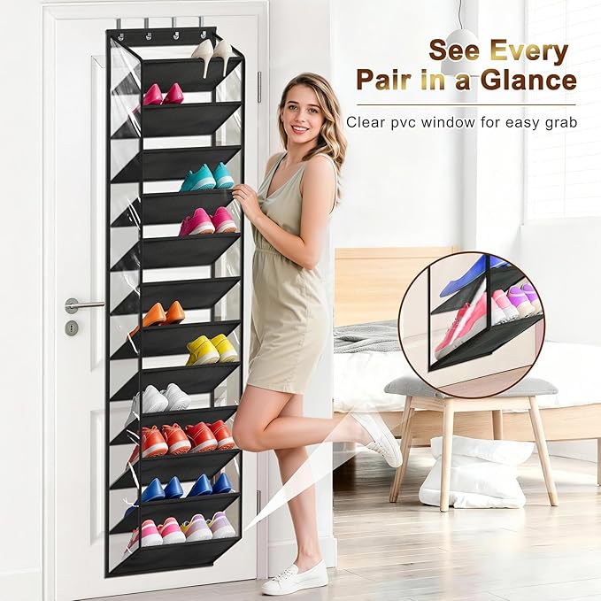 MISSLO 36 Pairs Clear Over the Door Shoe Organizer Closet Hanging Shoe Rack for Door with Large Deep Pockets Shoes Hanger Holder for Sneakers, Boots, Heels Storage (Black)