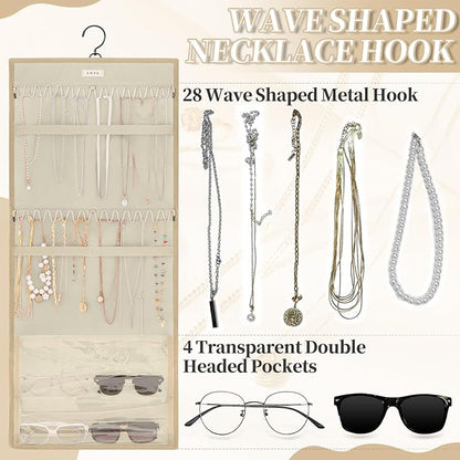 GMAK Hanging Jewelry Organizer with Hanger Metal Hooks, Double-Sided Jewelry Holder Accessories Organizer Storage Roll for Jewelry, Earrings, Bracelets, Necklaces, Rings - Beige