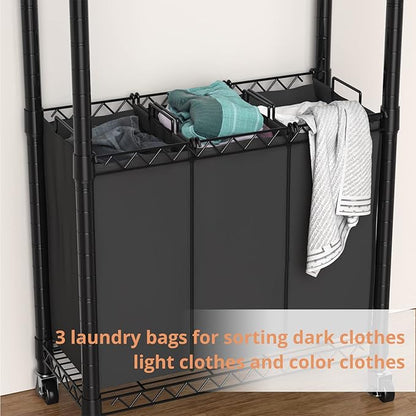 Hodonas Rolling Laundry Basket Organizer with Wheels and Hanging Bar, Laundry Hamper Cart Laundry Sorter 3 Section, Dirty Clothes Hampers for Laundry Bedroom Bathroom w/ 3 Removable Bags, Black