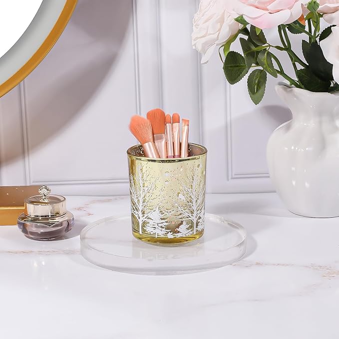 DASITON Makeup Brush Holder Organizer, Crystal Glass Cosmetic Makeup Brushes Storage Holder, Christmas Tree Make Up Brush Cup for Vanity Décor, Small Pen Holders for Desk, Toothbrush Holders (Yellow)