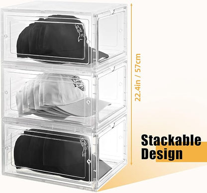 Hat Organizer Box,Stackable Clear Baseball Caps Holder Box Containers with Magnetic Door for Hats Snapback Cap Storage,Clear Hat Storage with Magnetic Door, Holds 60 Hats(clear, 6 pack)