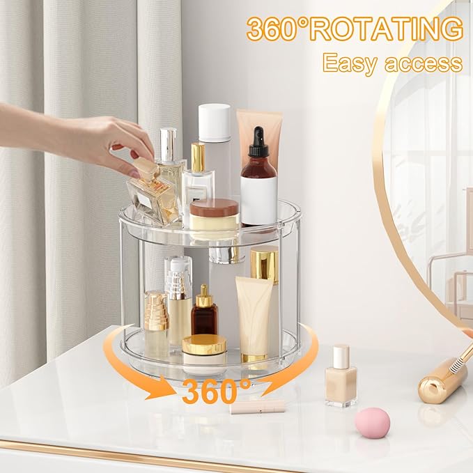 360 Rotating Makeup Organizer – 2 Tier Lazy Susan Turntable Organizer, Clear Bathroom Counter Organizer for Vanity, Spinning Skincare Perfume Tray for Bathroom, Dresser, Kitchen Cabinet